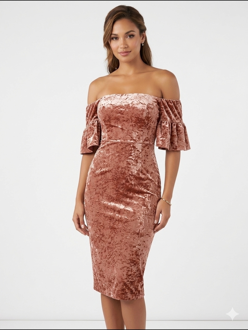 Karlie One-Shoulder Crushed Velvet Midi Dress in Rose Gold‎ Nwt